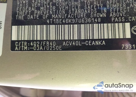 2007 Toyota Camry Le z USA, uszkodzony, nr VIN 4T1BE46K97U636148